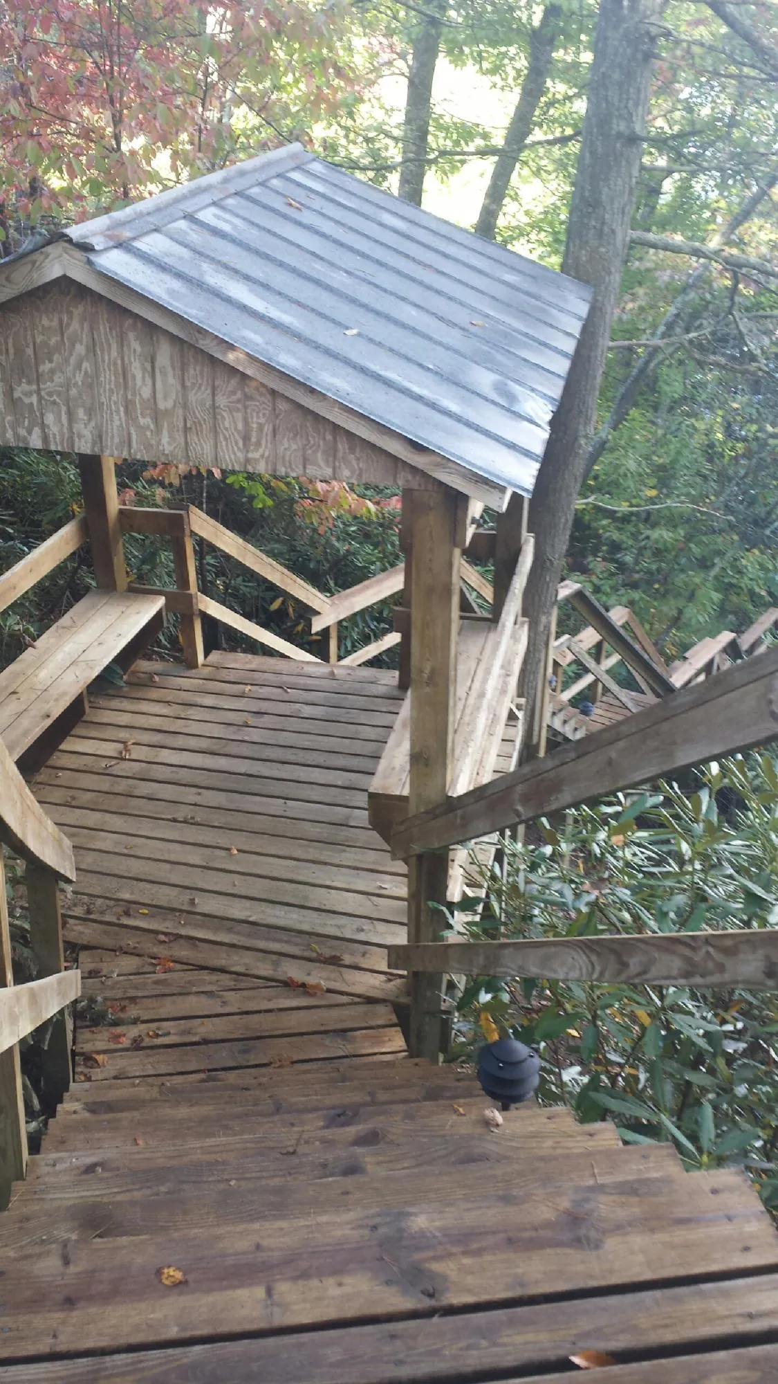 Metal roofed shelter over wooden steps on a wooded walkway — Skylight Repair & Installation work by our crew in New Park